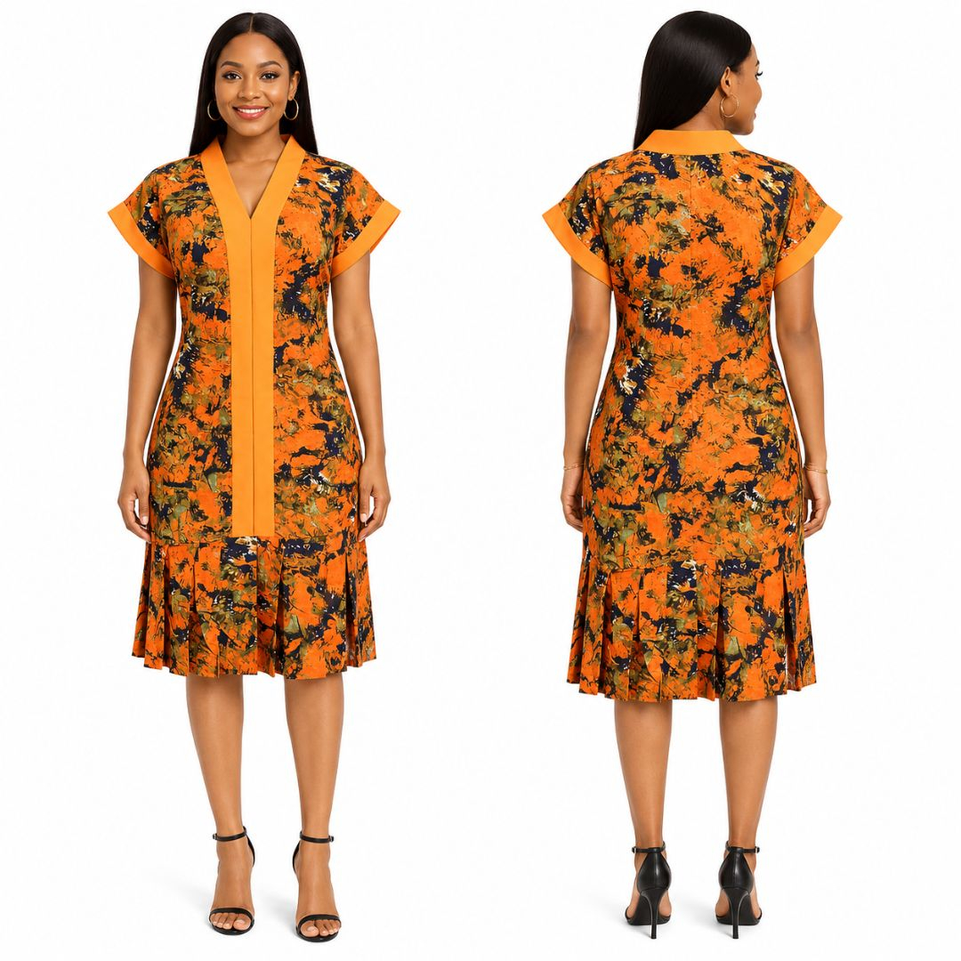 Orange Abstract Print Short Sleeve Fitted Dress